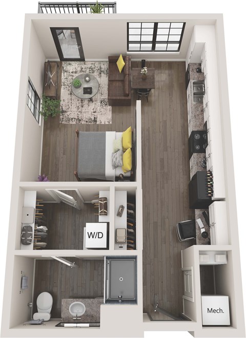 A top down view of a small apartment with a kitchen, living room, and bathroom.